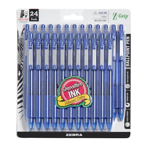 Zebra Pen Z-Grip Retractable Ballpoint Pen, Medium Point, 1.0mm, Blue Ink, 24 Pack (Packaging may vary