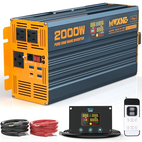 MWXNE 2000W Pure Sine Wave Power Inverter DC 12V to 110V 120V AC with 4 Quick Charging USB Ports&amp; 3 AC Outlets Power Inverters for Vehicles RV Truck Home with LCD Display and Remote Controller