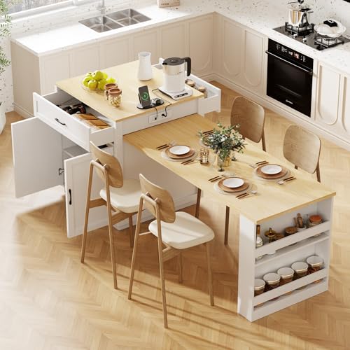 JULONGC 82.7 inch Kitchen Island with Extendable Dining Table for 4-6 Seating 55.1"-82.7", Two-tone Kitchen Island Table with Double-sized Storage, Power Outlet, 2 Drawers, 2 Side Open Shelves (White)