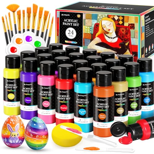 40 Pack Acrylic Paint Set, 24 Colors 2oz/60ml Acrylic Paint with 12 Brushes, 2 Knives, Palette &amp; Sponge, Creative Easter Gift for Kids Adults Artists Beginners on Easter Eggs Canvas Ceramic Rock