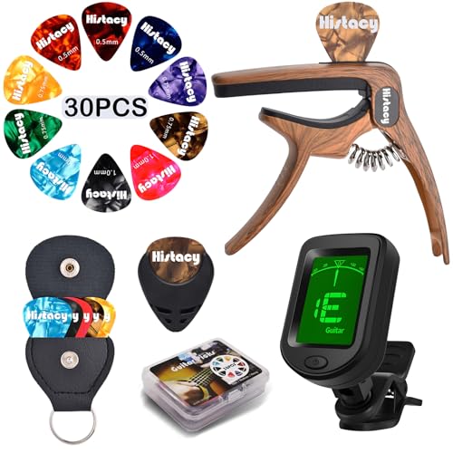 Histacy Guitar Accessories Kit: Clip On Guitar Tuner, 3 in 1 Guitar Capo, 30 Guitar Picks, Pick Holder, Leather Plectrum Pouch Keyring &amp; Storage Case for Acoustic Electric Guitar, Bass, Ukulele