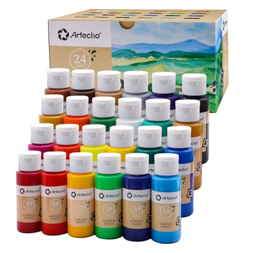 Artecho Acrylic Paint Set 24 Colors 2oz/59ml, Art Craft Paint for Art Supplies, Paint for Canvas, Rocks, Wood, Fabric and Ceramic, Non Toxic Paint for Artists, Beginners and Adults