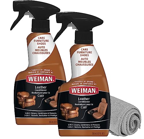 Weiman 3-in-1 Leather Cleaner, Conditioner &amp; UVX Protector for Cars, Furniture, Auto Interior, Shoes, Purses &amp; Handbags - 2 Pack with Microfiber Towel Included
