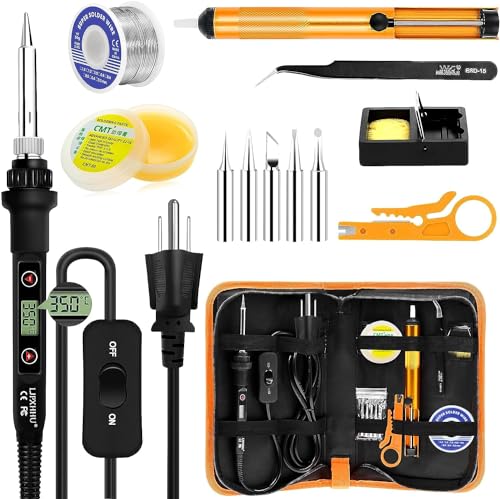 Soldering Iron Kit 80W LCD Adjustable Temperature 180-520℃ Solder Kit Electronics 13 in 1 Welding Tools with ON/Off Switch, Solder Wire, Flux, 5 Soldering Tips, Desoldering Pump, Stand, Tweezers
