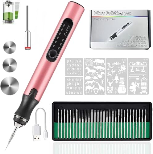KugobarNe USB Rechargeable Engraving Pen 35 Bits, Mini Engraver Pen All Materials, Professional Etcher Engraver Tool, DIY Engraving Pen Cordless Jewelry Glass Wood Stone Metal (Rose Gold)