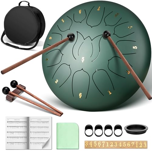 CAHAYA Steel Tongue Drum 12-Inch: 13 Notes Percussion Hand Drum with Music Score Drum Mallets Finger Paddles and Carry Bag for Meditation Entertainment Musical Education Gift Sage Green CY00374-1
