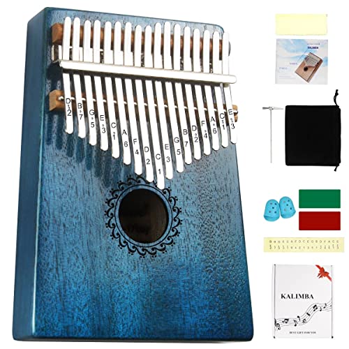 Kalimba Thumb Piano 17 Keys with mahogany Wood Portable Mbira Finger Piano Gifts for Kids and piano Beginners Professional （Bright blue）