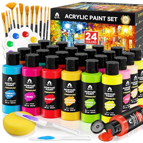 Acrylic Paint Set, 40 PCS Art Craft Paint Kit with 12 Brushes, 2oz/60ml Bottles, Gifts for Artists Kids Beginners on Canvas Rocks Wood Ceramic Fabric Premium Art Supplies (24 Classic Colors)
