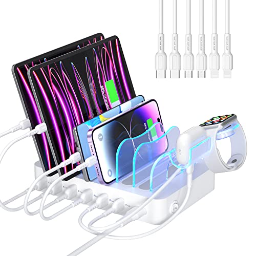 SooPii USB Charging Station Organizer for Multiple Devices, 6 Ports 50W Charging Dock with 6 Cables and Upgraded Holder Included, for Phones,Tablets and Other Electronics,White