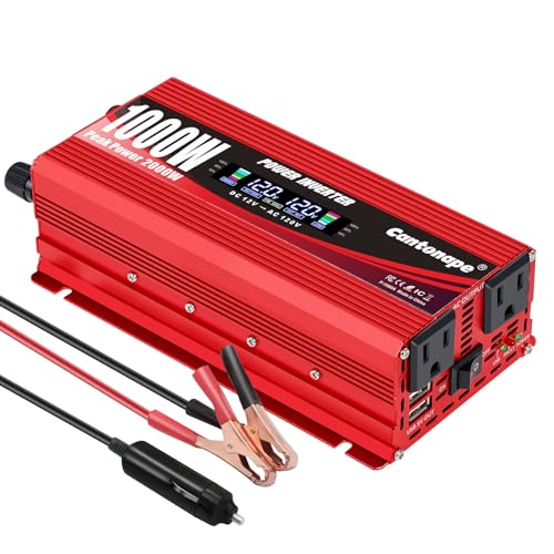Cantonape 1000W/2000W(Surge) Car Power Inverter 12V to 110V AC Converter with LCD Display Dual AC Outlets and Dual USB Car Charger for Car Home Truck (Red)
