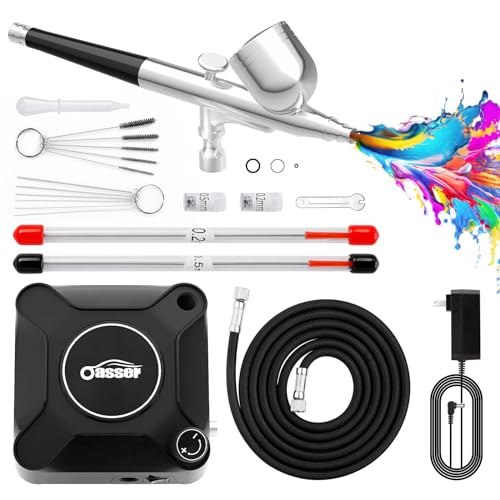 Oasser Airbrush Kit with Compressor Portable Dual-Action Airbrush Compressor Set with Plug-in Stepless Pressure Adjustment for Painting Modeling Makeup Art Creation Suitable for Beginners Black 36PSI