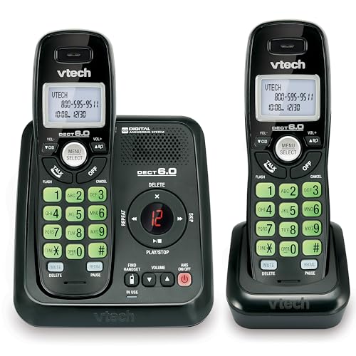 VTech CS6124-21 DECT 6.0 2-Handset Cordless Phone System with Digital Answering Machine and Green Backlit Keypad and Display (Not Handset Speakerphone Model)