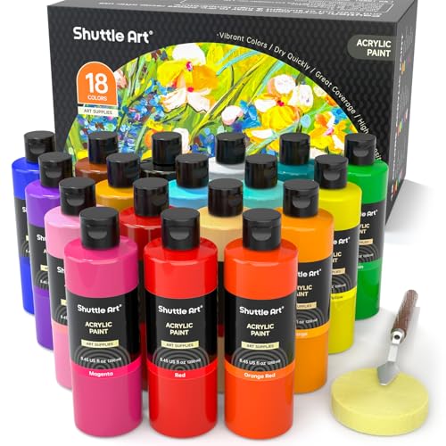 Shuttle Art 18 Colors Acrylic Paint Bottle Set (250ml/8.45oz), Rich Pigmented Bulk Painting Supplies for Artists, Beginners and Kids on Rocks Crafts Canvas Wood Ceramic