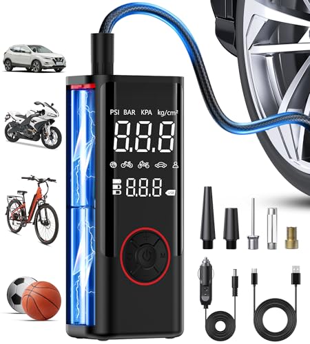 JUSUOX Tire Inflator Portable Air Compressor, Cordless Battery Powered &amp; 12V DC Dual Power Air Pump, 150PSI Electric Bike Tire Pump with Pressure Gauge, LED Light, for Car, Bike, Motorcycle, Ball