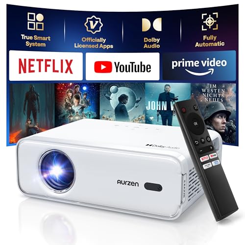 Netflix-Officially Projector, Aurzen Eazze D1 4K Supported Smart Projector with HDR10, DoIby Audio, Auto Focus, WiFi Bluetooth Portable Projecteur for Outdoor, White