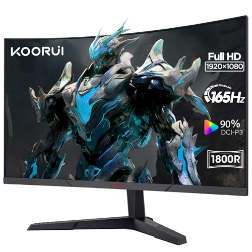 KOORUI 24 Inch Gaming Monitor - FHD 1080P Curved Monitors 165Hz VA, Built-in AdaptiveSync with 1ms, 1800R with Ultra-Thin, HDMI X2 /DP, VESA Compatible, Tilt Adjustable, Eye Care
