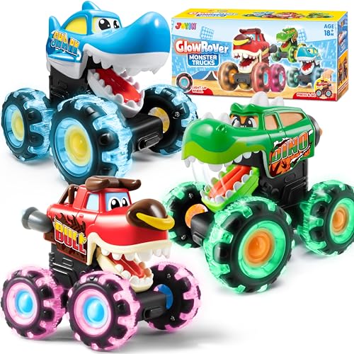 JOYIN 3 Pack Monster Truck Toy - Motion Activated Light-Up Cars for Toddlers - Monster Treads Lightning Wheels - Baby Toy Present - Press &amp; Go Cars for Boys Girls Birthday Gifts Easter Basket Stuffer