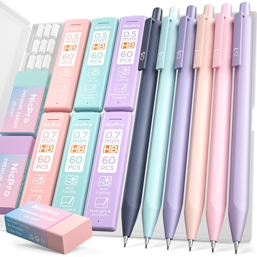 Nicpro 6PCS Pastel Cute Mechanical Pencil Set, Mechanical Pencils 0.5 &amp; 0.7 mm with 6 Tubes HB Pencil Leads, 3PCS Erasers and 9PCS Eraser Refills, Aesthetic School Supplies Stuff for Girls Writing