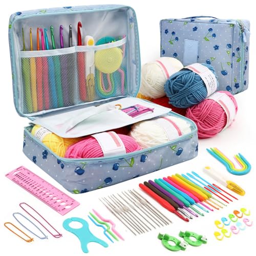 58 PC Crochet Kit for Beginners Knitting &amp; Crochet Supplies,Premium Crocheting Kit Includes 5 Spools Crochet Yarn, 21 Crochet Hooks,6 Needes and 1 Crochet Case, Crochet Kits for Starter Adults Kids