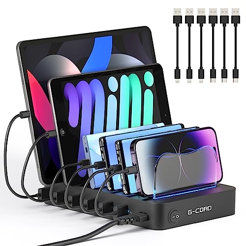 G-Cord 6 Port Multiport USB Charging Station, Detachable Desktop Docking Station for Smartphone &amp; Tablet with 6 Pack Mixed Cables
