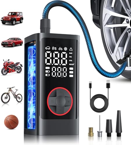 JUSUOX Tire Inflator Portable Air Compressor, Cordless Electric Air Pump, 150PSI Portable Bike Tire Pump with Pressure Gauge LCD Dual Screen and LED Light for Car Bike Motorcycle Balls
