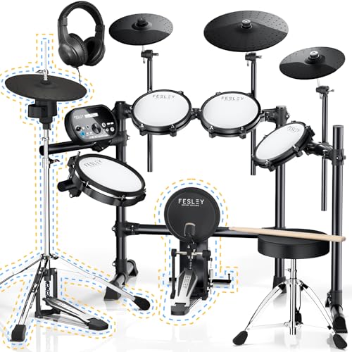 Fesley Electric Drum Set, Electronic Drum Set with 4 Quiet Mesh Drum Pads, Independent HiHat and Kick Drum Full Size Adult Drum Set, 3 Cymbals with Choke, 225 Sounds, USB MIDI, Drum Throne, and Sticks