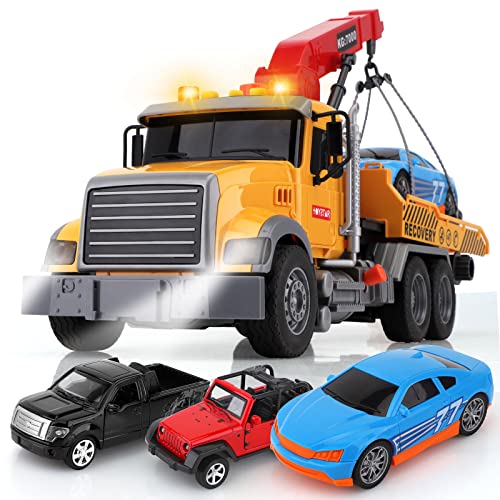 wakeInsa 15" Big Tow Truck Toy Set,Include Racing Car,Metal Off-Road Car,Metal Pickup Truck,Traffic Signs,Toy Truck with Hook,Sound and Lights for Boys &amp; Girls Birthday
