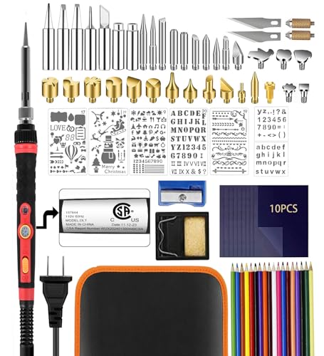 Wood Burning Kit, Pyrography Kit Wood Burning Tool, 60W 110V Adjustable Temperature 200~450 ℃ Wood Burning Pen Wood Burning and Soldering Iron Tools for Embossing Carving Soldering
