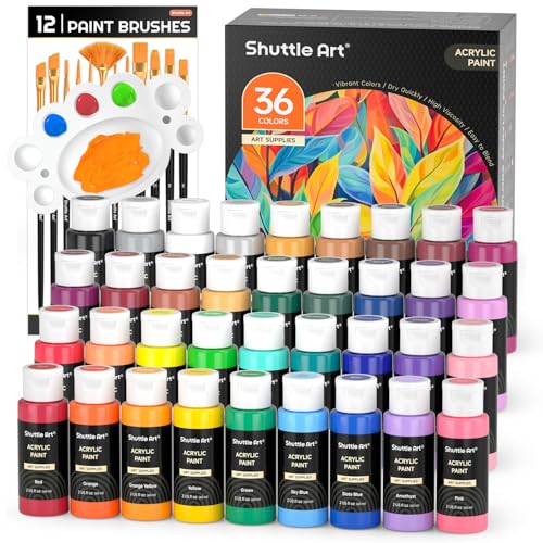Shuttle Art Acrylic Paint Set, 36 Colors Acrylic Paint (2oz/Bottle) with Brushes &amp; Palette, Rich Pigments Non-toxic Paint for Artists Kids &amp; Adults, Art Supplies for Canvas Rock Ceramic Wood Painting