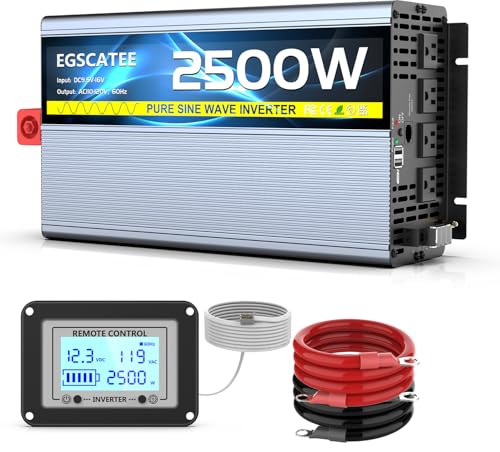 2500W Pure Sine Wave Inverter 12V DC to 120V AC Converter with Dual 5V/3.4A USB, 4AC Outlets, Remote Controller with LCD Screen Display, (Peak) 5000W Solar Inverter for Truck, Home, Vehicles, RV