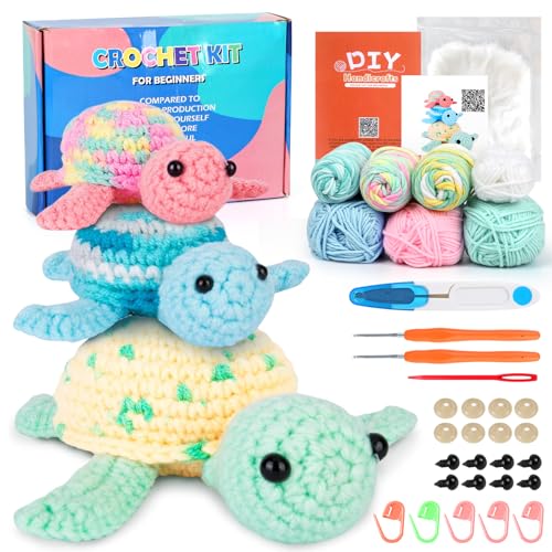 UXORSN Crochet Kit for Beginners Adults 3 Pack Turtle Family Crochet Animal Starter Kits Complete Knitting Supplies Yarn Hooks Step-by-Step Instructions Video Tutorials Craft Gifts