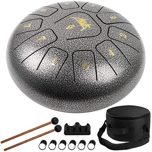 Steel Tongue Drum, AKLOT 10" Hand drum 11 Notes Tank Drum C Key Percussion Steel Drum Kit w/Drum Mallets Note Stickers Finger Picks Mallet Bracket and Gig Bag