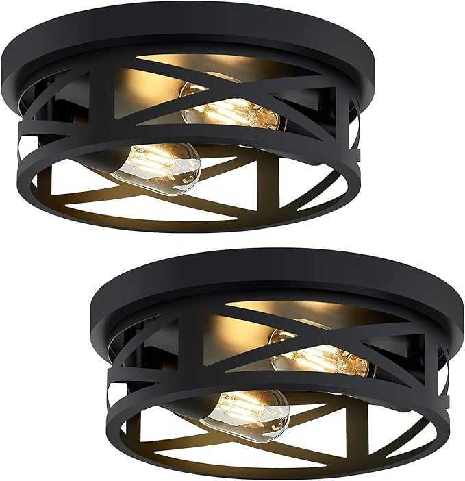 ZHU YAN 2 Pack Black Flush Mount Ceiling Light,Farmhouse Metal Cage Black Light Fixture Ceiling Mount for Kitchen Entryway Hallway E26 Base (10.63in)